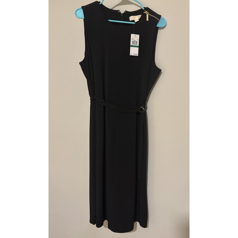 NWT Michael Michael Kors Black Sleeveless Belted Midi Dress Gold Zipper L